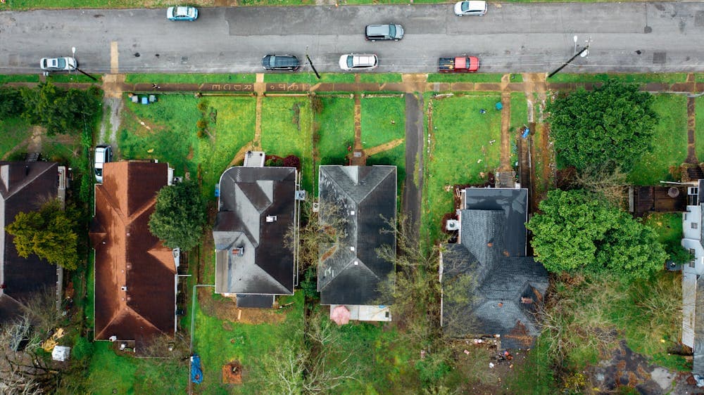 Aerial view of residential rooftops used for drone roof inspection planning