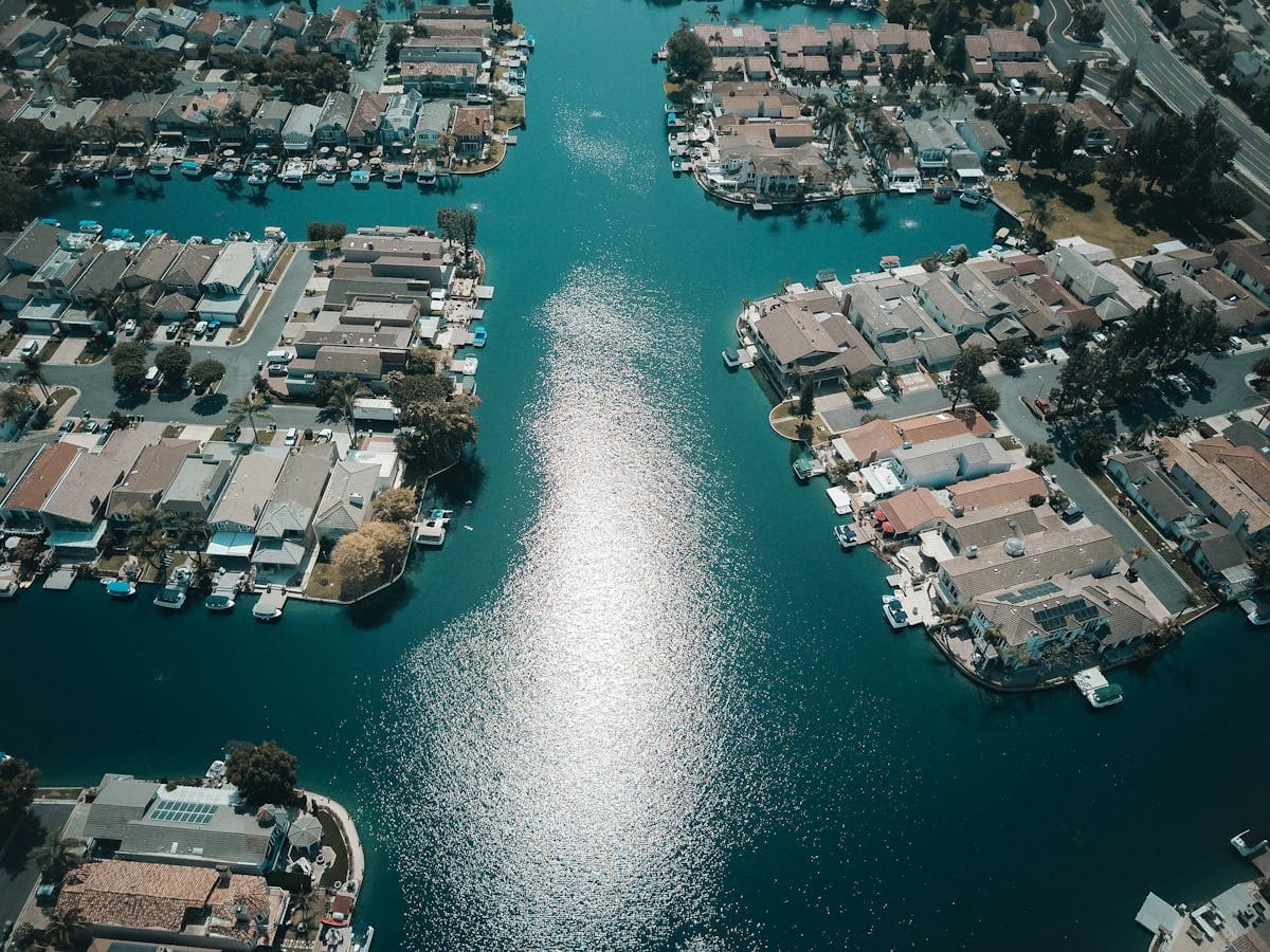 Aerial view of waterfront homes and canals for real estate marketing